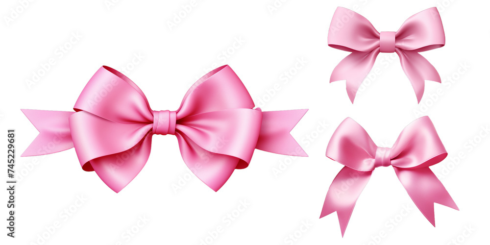 Collection of pink ribbon and bow isolated on a white background as transparent PNG