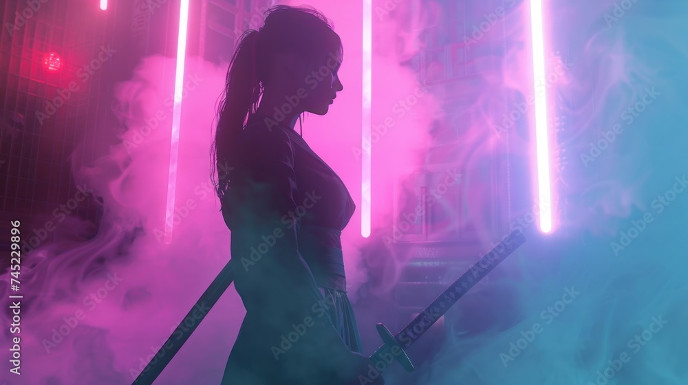 Woman shadow concept with red blue neon light smoke AI generated image