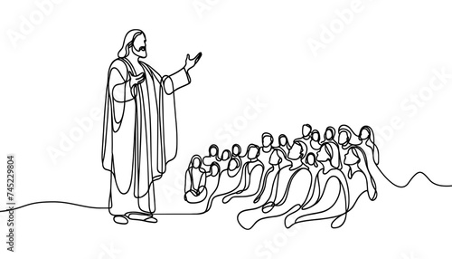 Single line vector image of Jesus preaching to the peasants, on a white background.