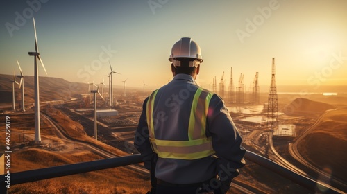 Engineer with laptop at wind farm during sunset © Media Srock