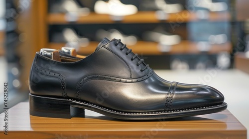 Photo of a men's black leather dress shoe on display in a department store