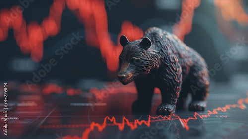 Bearish condition on stock market illustrated by bear and red graph.