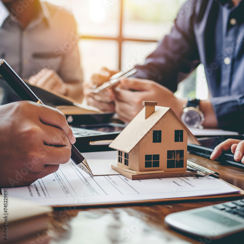Real estate agents and business people discuss signing a home purchase agreement and home insurance