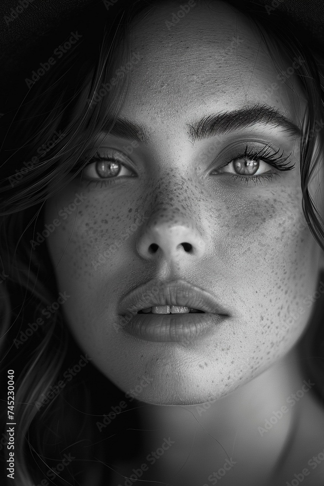 Black and white portrait of a beautiful young woman with freckles on her face, generative AI. Black and white portrait of a beautiful young woman with freckles on her face, generative AI.