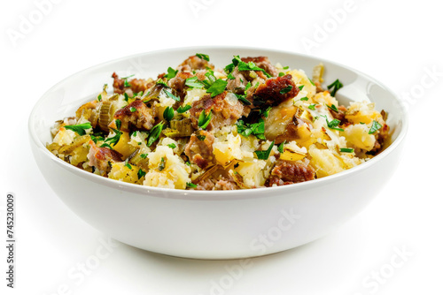 Colorful potato casserole with meat and herbs