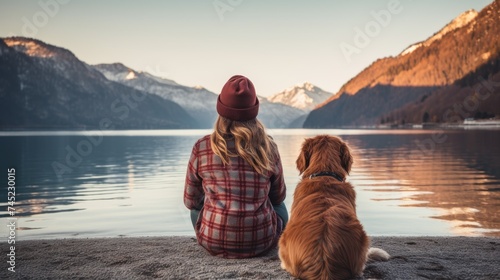 Female tourist with dog sitting on the floor looking at the lake  © Media Srock