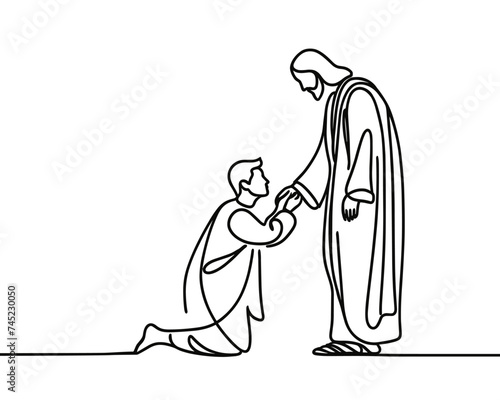 Vector image of a man kneeling before Jesus, in a linear style, on a white background.