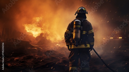 Firefighter standing among heavy smoke during work