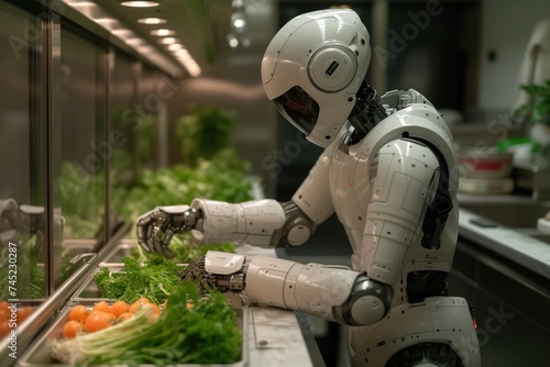 A curious robot discovers the joy of healthy eating as it chomps on vibrant vegetables in an indoor garden, surrounded by lush plants and playful toys photo