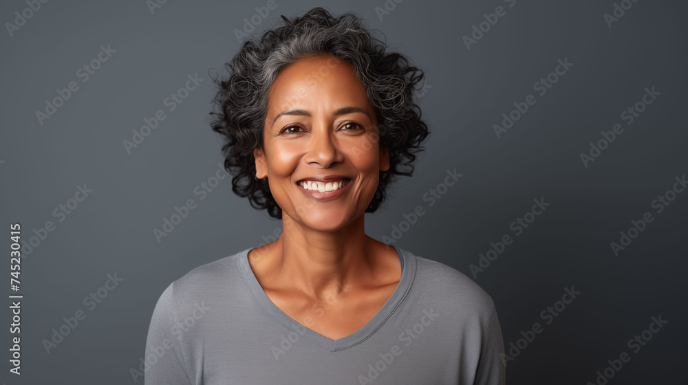 Close up of  mature woman with brown skin, grey short hair, wavy hair and a clear grey t shirt, isolated in a light grey studio. Portrait person. - obrazy, fototapety, plakaty 