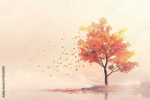 Gentle minimal autumn landscape  a tree that is in the fog  whose leaves of warm red and yellow colors are slowly falling. Change of seasons. Gentle minimal autumn landscape  a tree that is in the fo