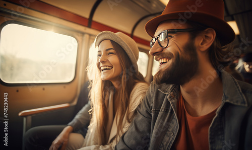 Happy young couple sitting in the train , traveling to their vacation by train.  Active lifestyle concept © Filip