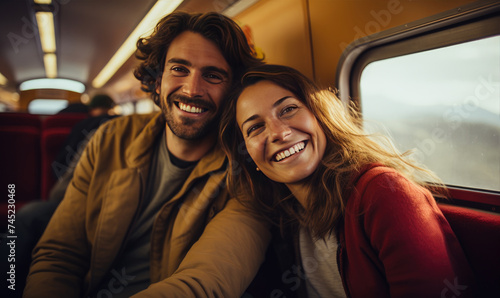 Happy young couple sitting in the train , traveling to their vacation by train.  Active lifestyle concept © Filip