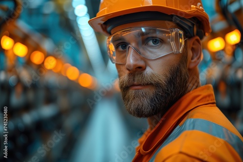 A rugged blue-collar worker with a bushy beard dons a hard hat and safety glasses as he confidently prepares for a day of engineering work, his bright orange and yellow workwear standing out against  photo