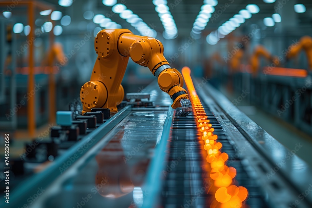 A sleek, metallic arm precisely moves along a conveyor belt inside a factory, effortlessly completing its programmed tasks
