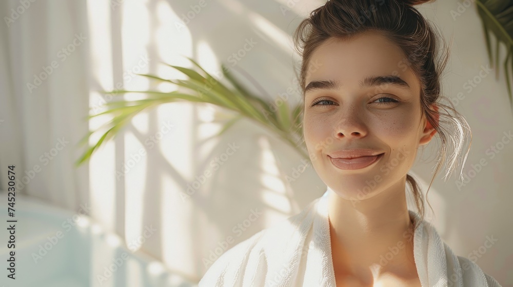Portrait of happy young woman, spa concept, in the style of modern, light gray Portrait of happy young woman, spa concept, in the style of modern, light gray