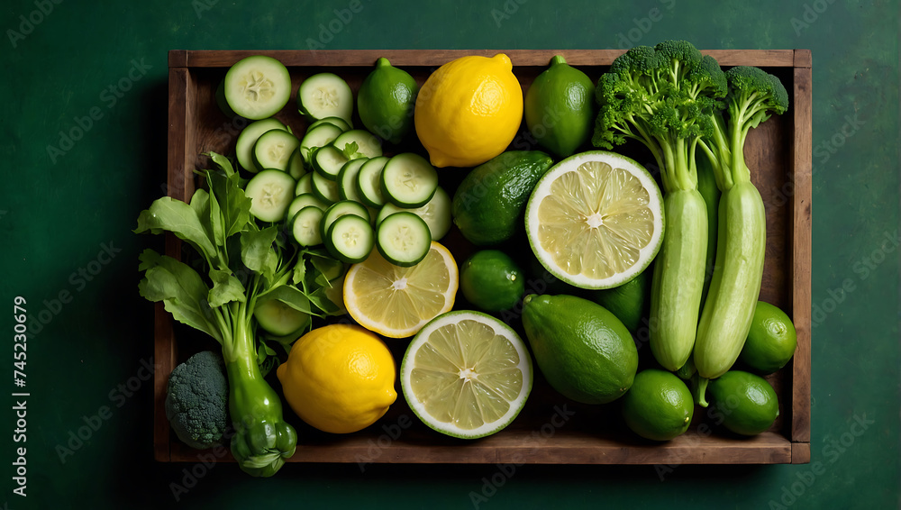 Bogactwo świeżych cytrusów i zielonych warzyw na zdrową dietę - obrazy, fototapety, plakaty 