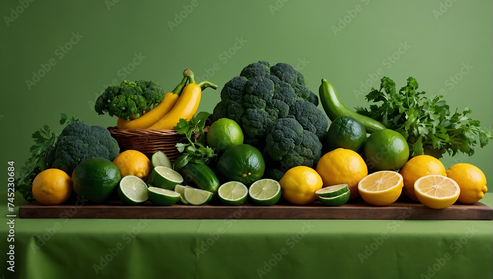 Bogactwo świeżych cytrusów i zielonych warzyw na zdrową dietę - obrazy, fototapety, plakaty 