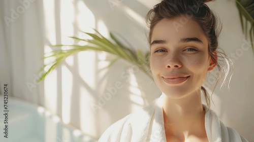 Portrait of happy young woman, spa concept, in the style of modern, light gray Free Download Portrait of happy young woman, spa concept, in the style of modern, light gray - GFXLoad