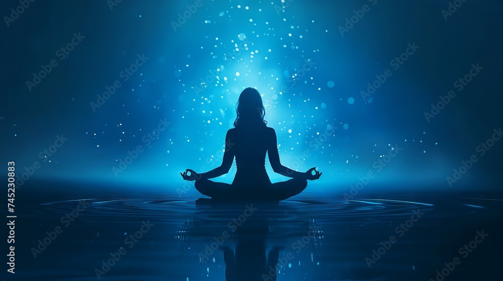 woman meditating in lotus flower position, in the style of psychological phenomena illustrations, cosmic energy, light-focused, energy healing and spiritual therapy, high resolution