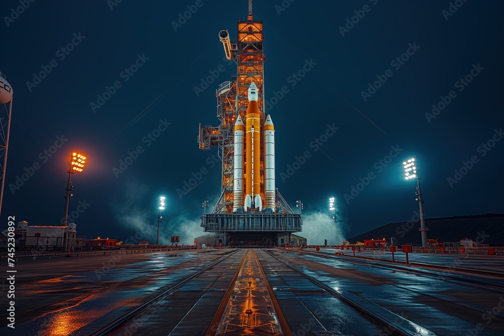 As the street lights illuminate the night sky, a towering space shuttle stands ready on the launch pad, a symbol of electricity and progress amidst the winter cityscape of skyscrapers and landmarks - obrazy, fototapety, plakaty 