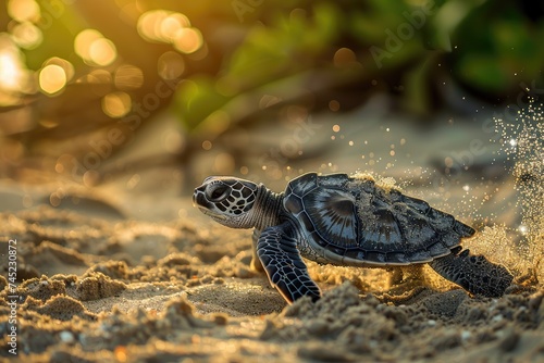 A turtle wading through the sand symbolizes the resilience and determination of newborn turtles.