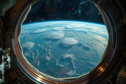 A mesmerizing vista of our planet seen through the circular window of a space station, with buildings and water creating a beautiful contrast