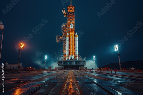 As the street lights illuminate the night sky, a towering space shuttle stands ready on the launch pad, a symbol of electricity and progress amidst the winter cityscape of skyscrapers and landmarks photo