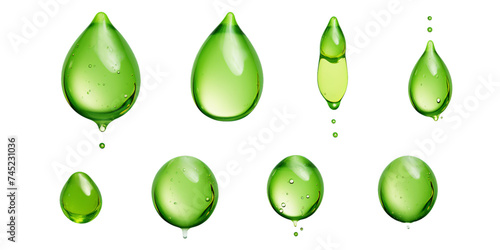 Collection of green water droplet isolated on a white background as transparent PNG
