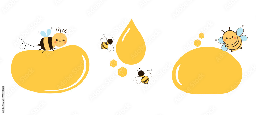 Set of bee cartoons and honey drops sign logo isolated on white background vector.