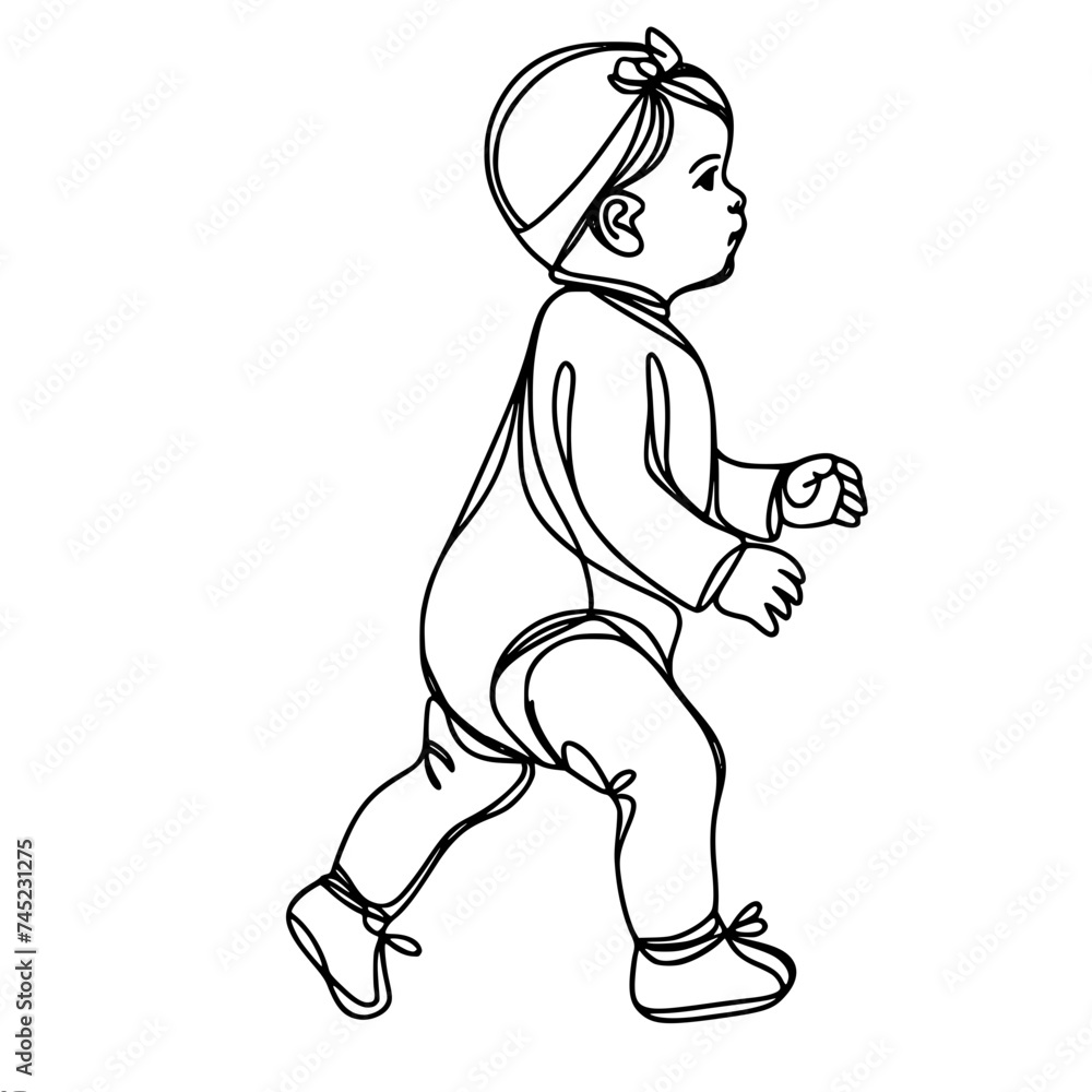 Contour, graphic, vector, black and white one line drawing, a baby girl in a headband and a diaper walks, first steps
