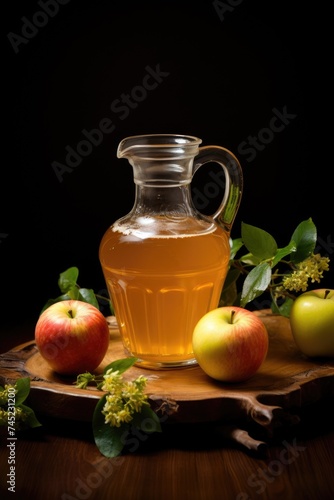 Apple juice in a glass surrounded by red apples and green leaves. Isolate on a white background.