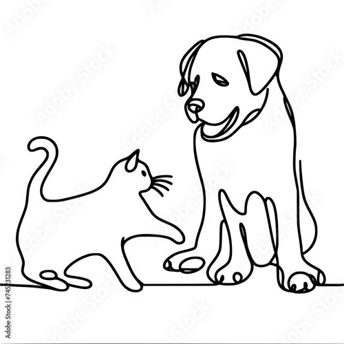 Contour  graphics  vector  black and white one line drawing  a cat touches a dog with its paw