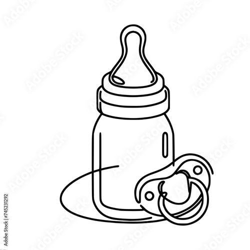 Outline, graphic, vector, black and white one line drawing, baby bottle and pacifier