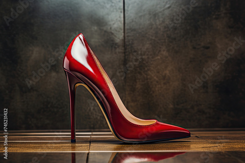 Red High Heeled Shoe on Wooden Floor