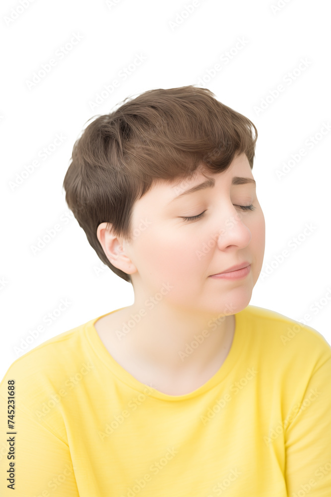 Sensitive woman with closed eyes in yellow blouse. Transparent background. Sensitive woman with closed eyes in yellow blouse. Transparent background.