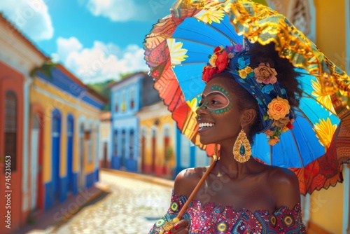 Joyful Young Woman with Colorful Umbrella Celebrating Carnaval in Olinda, Pernambuco, Brazil
