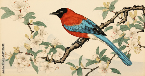 
Hawaiian honeybee colorful bird, wildlife image Kawanabe Kiyosai