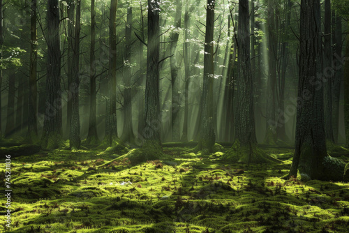A serene woodland scene with sunlight filtering through the trees onto a moss-covered forest floor