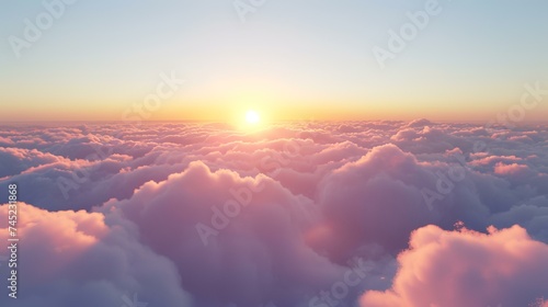 Aerial view above clouds at sunset. Top view above clouds. photo
