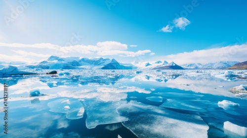 Icebergs reflecting in calm sea water under blue sky in daylight © Media Srock
