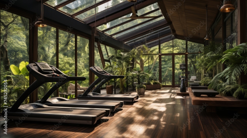 Generative AI Fitness Retreat exercise equipment surrounded by dense forest