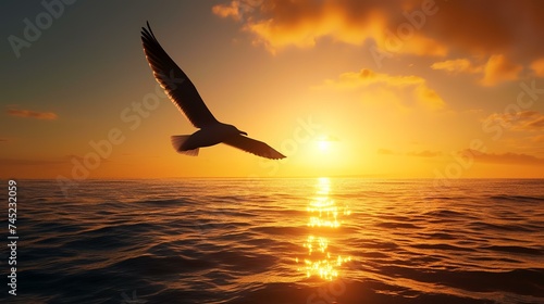 Seagull flying over the sea at sunset. 3d render