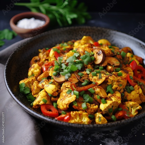 A vegan alternative to scrambled eggs made from vegetables and mushroom