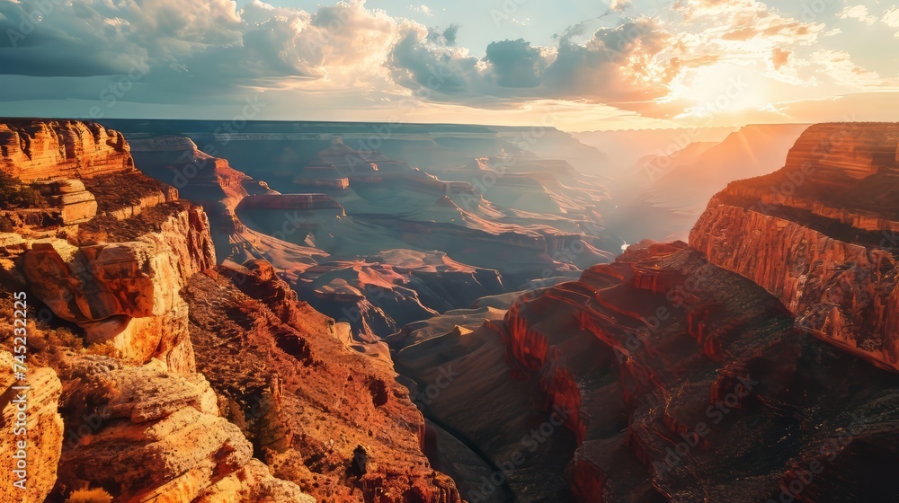 Generative AI Canyon formations, drone's perspective, vibrant sunset hues, expansive canyon vista, photorealistic dusk over the Grand Canyon - obrazy, fototapety, plakaty 