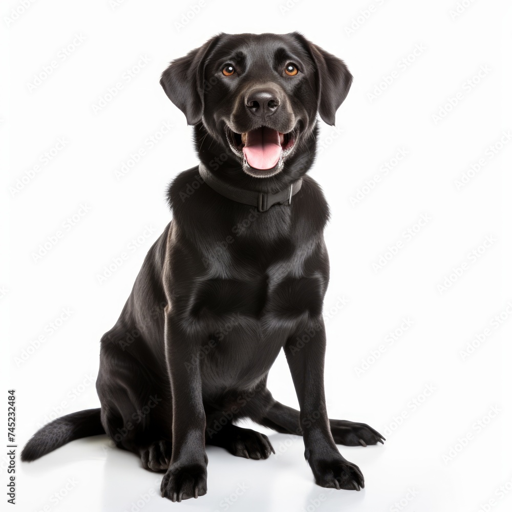 Cheerful Labrador Retriever sitting on a white background, wagging tail, joyful expression Generative AI