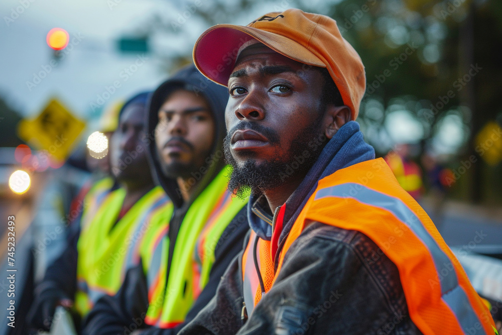 Obraz premium With determination etched on their faces, protesters donning traffic vests stand as a barrier on the road, their cause driving their actions.