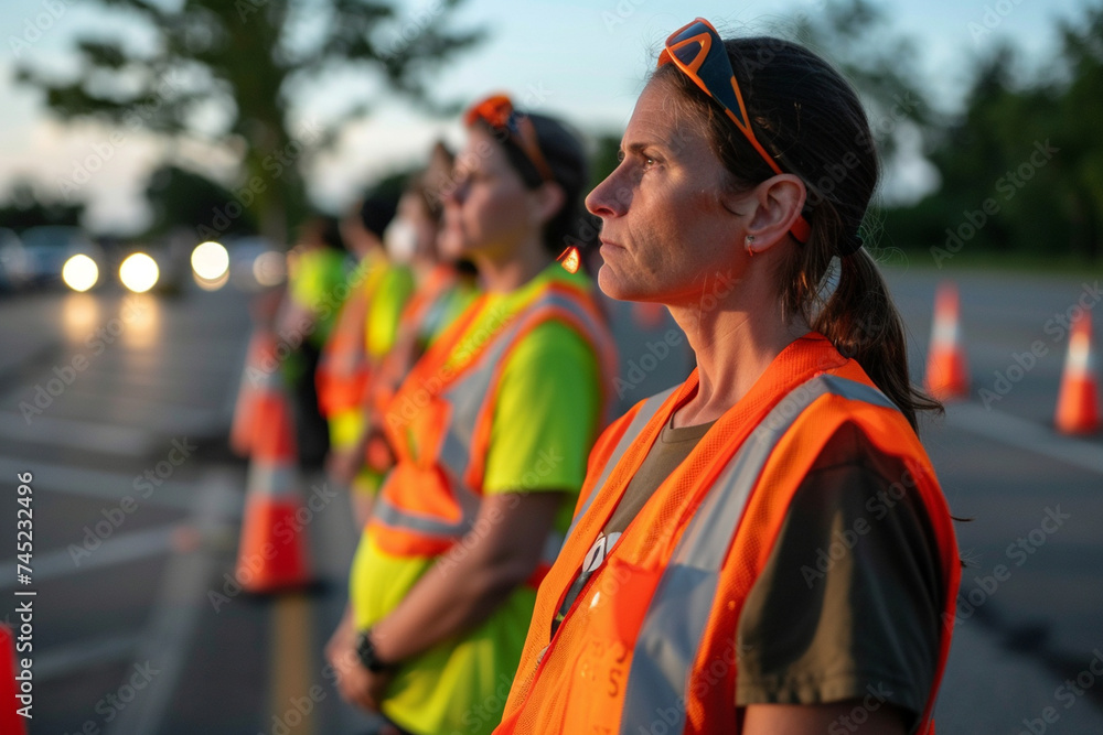 With determination etched on their faces, protesters donning traffic vests stand as a barrier on the road, their cause driving their actions.