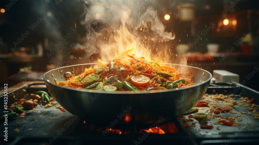 Generative AI Chef tossing ingredients in a wok, cooking a stir-fry dish, flames visible, busy kitchen activity Generative AI Chef tossing ingredients in a wok, cooking a stir-fry dish, flames visible, busy kitchen activity