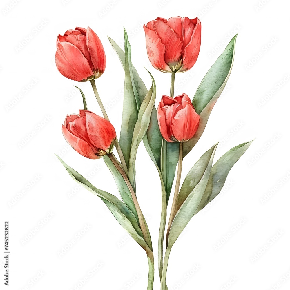 Obraz premium Watercolor Red Tulips Bouquet